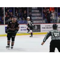 Vancouver Giants forward Justin Sourdif (back) vs. the Calgary Hitmen