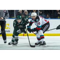 Kelowna Rockets centre Matthew Wedman (right) vs. the Everett Silvertips