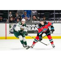 Kelowna Rockets defenceman Kaedan Korczak (right) vs. the Everett Silvertips