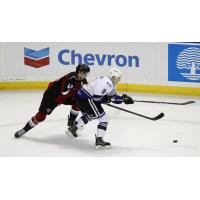 Vancouver Giants centre Milos Roman (left) fights for the puck vs. the Victoria Royals