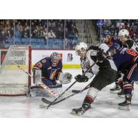 Vancouver Giants centre Holden Katzalay moves in on the Kamloops Blazers net