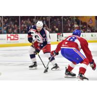 Cleveland Monsters left wing Calvin Thurkauf (left) vs. the Laval Rocket