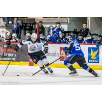 Saint John Sea Dogs defenceman Charlie DesRoches (right) vs. the Charlottetown Islanders