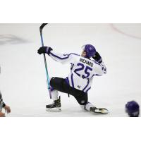Guillaume Richard of the Tri-City Storm celebrates his overtime goal against the Omaha Lancers