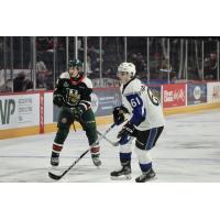 Saint John Sea Dogs centre Cam McDonald (right) vs. the Halifax Mooseheads