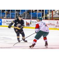 Charlottetown Islanders left wing Patrick LeBlanc (left) vs. the Halifax Mooseheads
