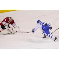 Allen Americans goaltender Jake Paterson handles a shot from the Wichita Thunder