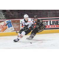 Lehigh Valley Phantoms defenseman Wyatte Wylie (left) vs. the Hershey Bears