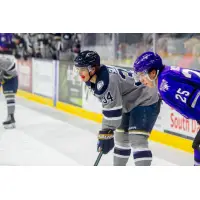 Sioux Falls Stampede forward Cole Sillinger (left) vs. the Tri-City Storm