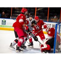 Allen Americans goaltender Jake Paterson tries to keep the Kansas City Mavericks at bay