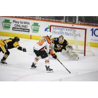 Lehigh Valley Phantoms forward Tanner Laczynski takes a shot against the Wilkes-Barre/Scranton Penguins