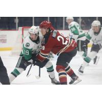 Texas Stars center Derek Barach (left) vs. Tucson Roadrunners center Barrett Hayton