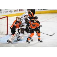 Lehigh Valley Phantoms defenseman Samuel Morin (right) vs. the Hershey Bears