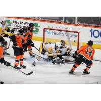 Zayde Wisdom of the Lehigh Valley Phantoms (right) on the power play vs. the Wilkes-Barre/Scranton Penguins