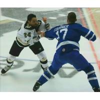 Wheeling Nailers forward Garet Hunt (left) squares off with Wichita Thunder forward Stefan Fournier