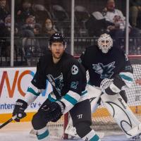 Knoxville Ice Bears defenseman Sean Giles and goaltender Peter Di Salvo