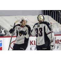 Vancouver Giants left wing left wing Zack Ostapchuk and goaltender Drew Sim vs. the Victoria Royals
