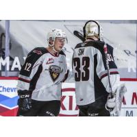 Vancouver Giants centre Adam Hall and goaltender Drew Sim vs. the Victoria Royals
