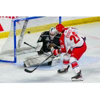 Allen Americans forward Spencer Asuchak scores on a penalty shot against the Utah Grizzlies