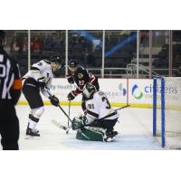 Wheeling Nailers goaltender Taran Kozun stops the Indy Fuel
