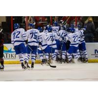 Wichita Thunder mob Brayden Watts after his overtime winner