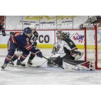 Vancouver Giants goaltender Trent Miner stops the Kamloops Blazers