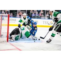 Texas Stars goaltender Colton Point eyes a loose puck vs. the Colorado Eagles