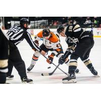 Wheeling Nailers forward Brady Tomlak (right) faces off with the Fort Wayne Komets