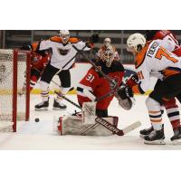 Tyson Foerster (right) scores for the Lehigh Valley Phantoms against the Binghamton Devils