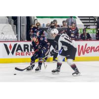 Vancouver Giants centre Adam Hall (right) vs. the Kamloops Blazers