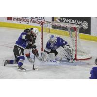 Prince George Cougars right wing Blake Eastman tests the Victoria Royals