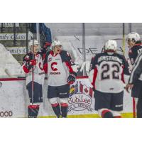 Prince George Cougars celebrate a Craig Armstrong goal vs. the Victoria Royals
