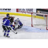 Prince George Cougars centre Kyren Gronick hits the post vs. the Victoria Royals