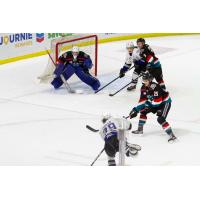 Kelowna Rockets goaltender Nicholas Cristiano faces a shot from the Victoria Royals