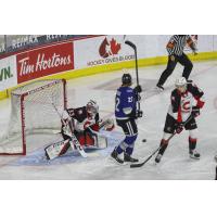 Prince George Cougars defenceman Ethan Samson (right) and goaltender Ty Young vs. the Victoria Royals