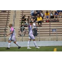 Forward Madison FC exhorts the crowd at Breese Stevens Field against Milwaukee Bavarians SC