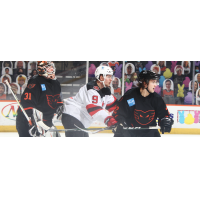 Binghamton Devils forward Alexander Holtz (center) vs. the Lehigh Valley Phantoms