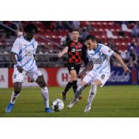 Colorado Springs Switchbacks FC forward Zachary Sandi (right) with possession vs. San Antonio FC