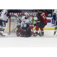 Vancouver Giants centre Justin Sourdif and forward Eric Florchuk (right) vs. the Victoria Royals