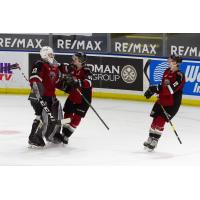 Vancouver Giants centre Eric Florchuk congratulates goaltender Drew Sim vs. the Victoria Royals