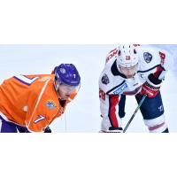 Orlando Solar Bears forward Tyler Bird (left) faces off with the South Carolina Stingrays