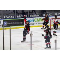 Prince George Cougars centre Koehn Ziemmer reacts after a goal against the Kelowna Rockets