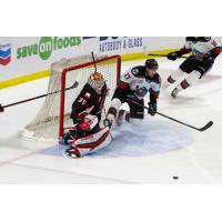 Prince George Cougars goaltender Taylor Gauthier denies the Kamloops Blazers