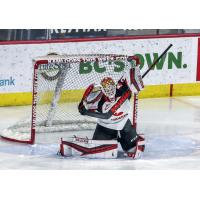 Prince George Cougars goaltender Taylor Gauthier blocks a shot vs. the Vancouver Giants