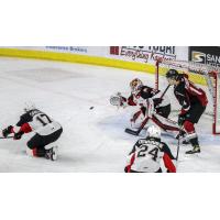 Prince George Cougars goaltender Taylor Gauthier eyes the puck vs. the Vancouver Giants