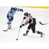 Jacksonville Icemen defenseman Jacob Friend (left) vs. the Wheeling Nailers
