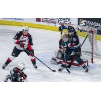 Prince George Cougars defenseman Jack Sander and goaltender Taylor Gauthier vs. the Kelowna Rockets