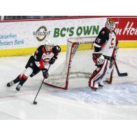 Ethan Samson and Taylor Gauthier of the Prince George Cougars vs. the Kelowna Rockets