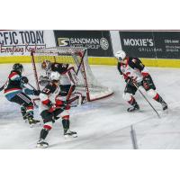 Prince George Cougars goaltender Taylor Gauthier makes a save vs. the Kelowna Rockets