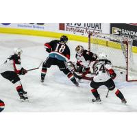 Prince George Cougars goaltender Taylor Gauthier can't stop David Kope's shot for the Kelowna Rockets